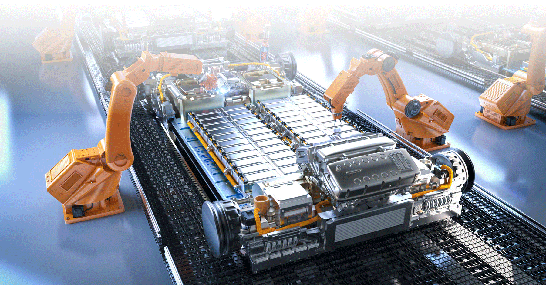 Robot assembly line with electric car battery cells module on platform